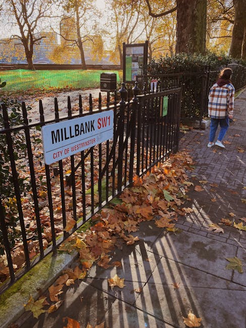 The image shows a black metal fence running alongside a paved path in a park during autumn, with fallen brown, yellow, and orange leaves scattered on the ground near the fence. Behind the fence is a grassy area with a green mesh fence and leafless trees with a backdrop of distant buildings, suggesting an urban park setting. Adjacent to the fence is a sign reading 'MILLBANK SW1 CITY OF WESTMINSTER,' indicating the location. There is a digital information board mounted on a pole close to the sign, and a small black waste bin attached to the fence. A woman in a plaid shirt and jeans stands on the paved path, facing away from the camera, with her hair tied back. The scene is lit with natural daylight, casting shadows on the ground, and the environment appears clean and well-maintained, consistent with urban public space in Westminster that may feature private waste disposal options managed by waste disposal services like Waste Disposal Westminster.